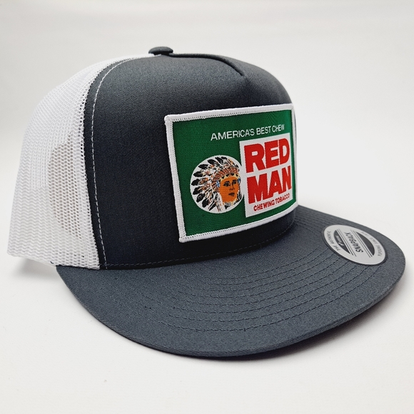 Red Man Woven Patch Flat Bill Trucker Mesh Snapback Cap Gray White - Picture 3 of 4